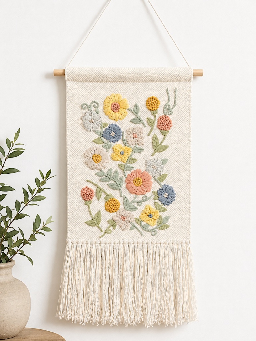 Vintage Pocket Full of Posies Embroidered Cotton Wall Hanging Decor Handmade